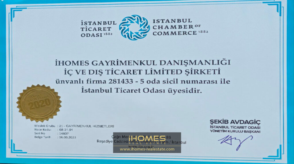 iHomes Membership Certificate in the Turkish Chamber of Commerce