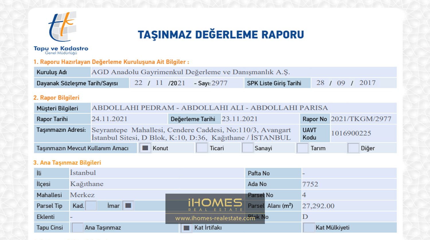 نمونه برگه اکسپرتیز یا کارشناسی ملک ترکیه